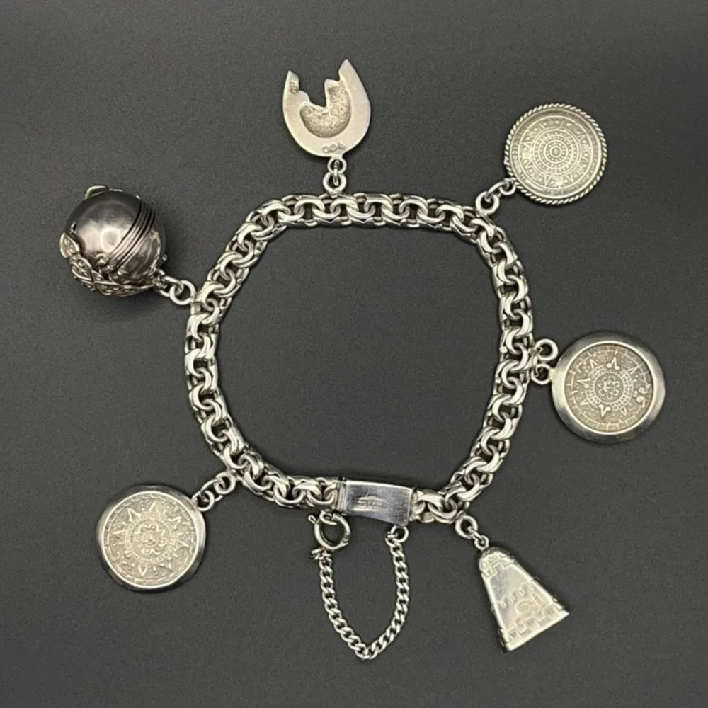 Vintage Sterling Silver Charm Bracelet with Sphere Fold-Out Photo Locket Mexican